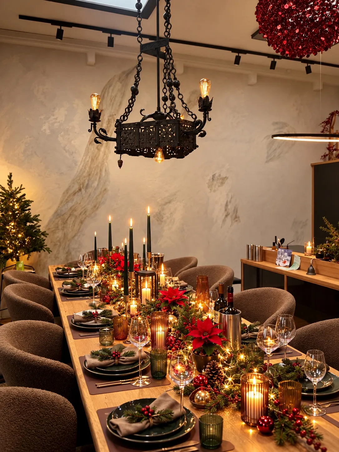 Festlich gedeckte Tafel im Atelier: Kerzen, Tannengrün, Weihnachtssterne, Gläser und Gedecke